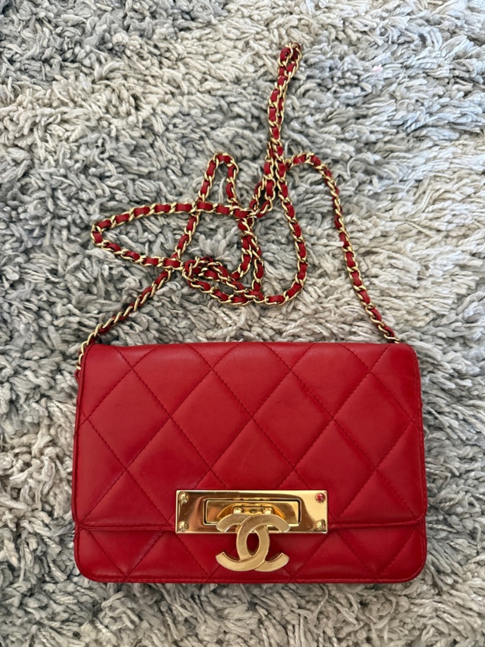 CHANEL Red Quilted Leather Crossbody with Gold Chain and CC Turnlock